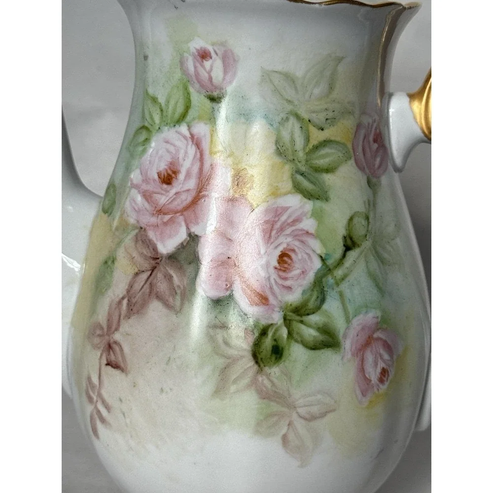 Antique Hand Painted Porcelain Coffee Tea Pot SIGNED E H Groff Roses Gold Gilt